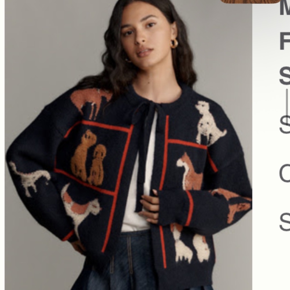 Anthropologie NWT Navy Dog  Tie-Neck Cardigan see photo one funky dog
